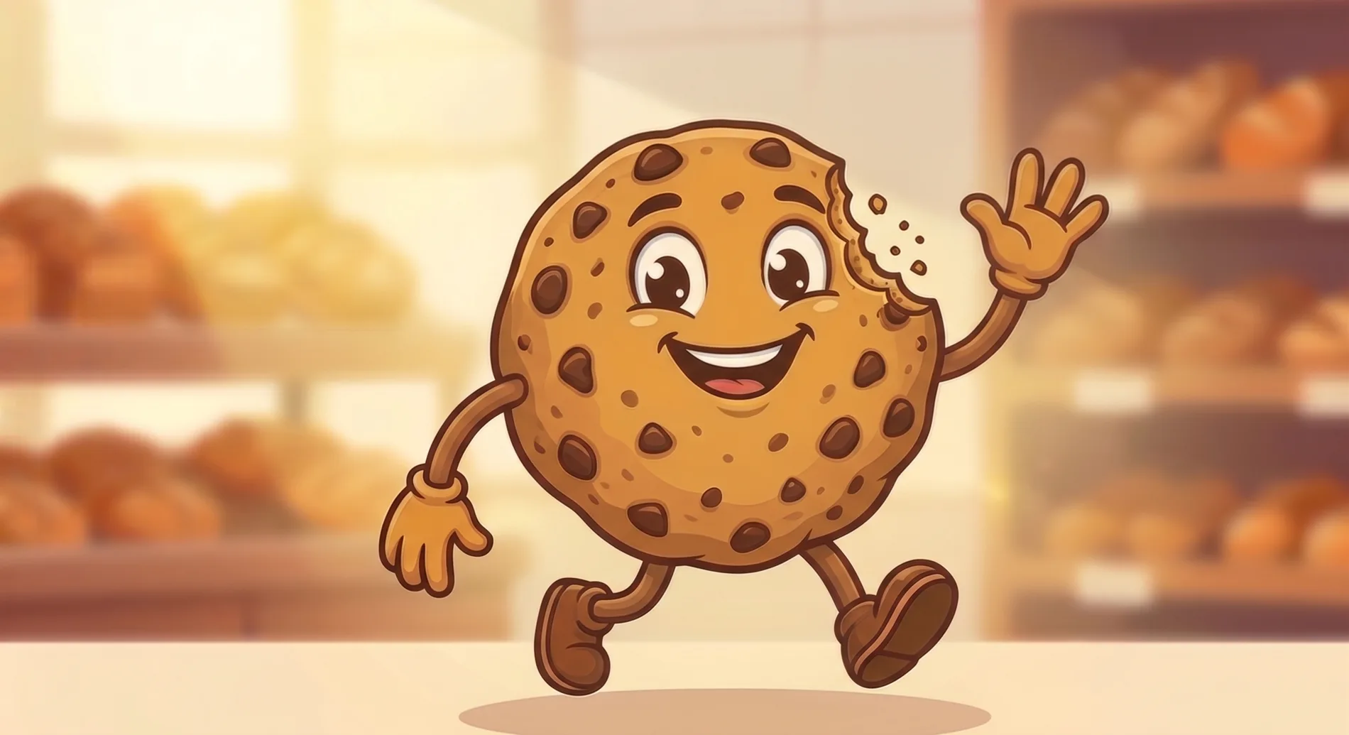 The smiling Bitten cookie character waving in a bakery