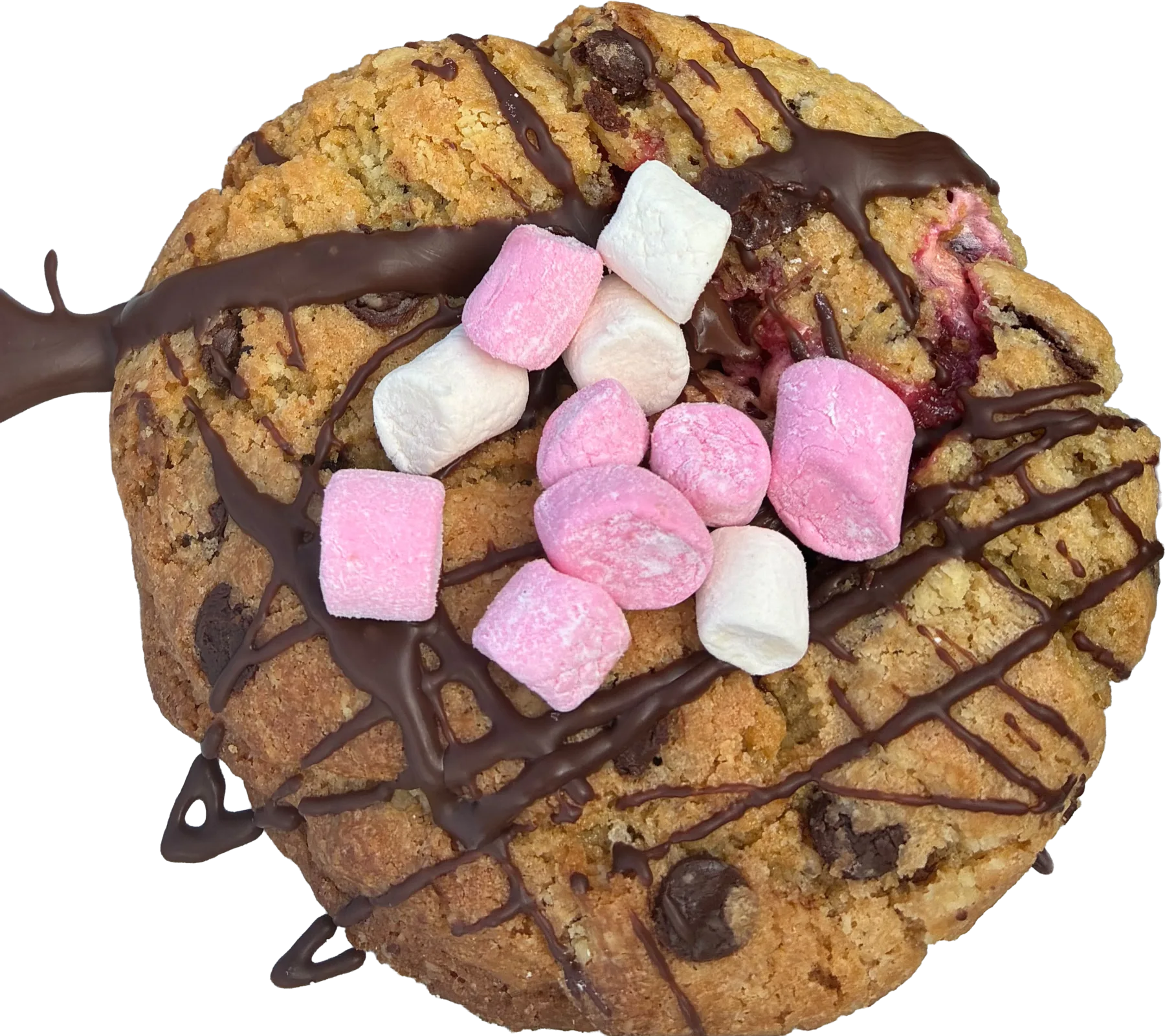 Marsh-Mallow Madness cookie covered with chocolate and pink and white marshmallows